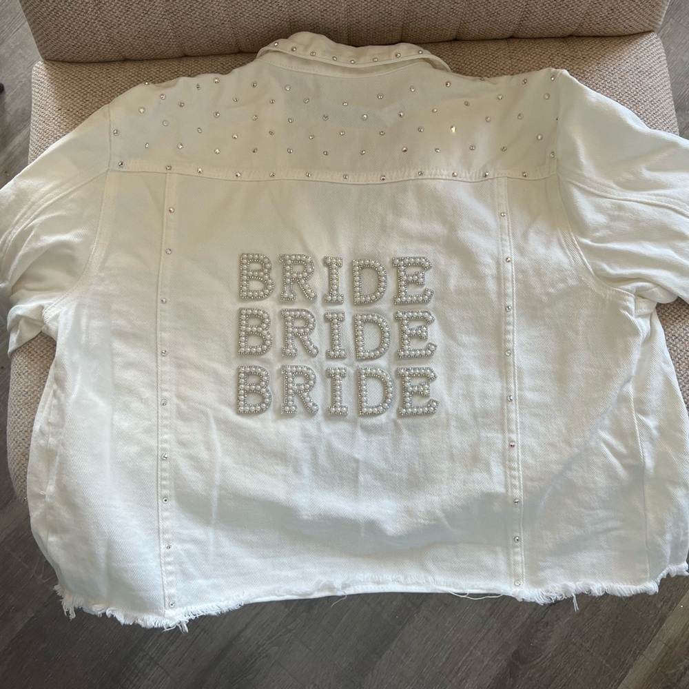White Distressed Jean Jacket with Bride Embroidery